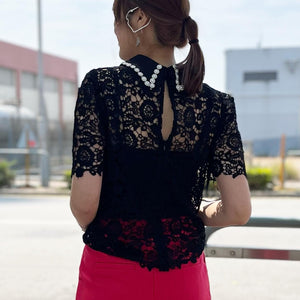 Black Lace Top with Pearl Collar