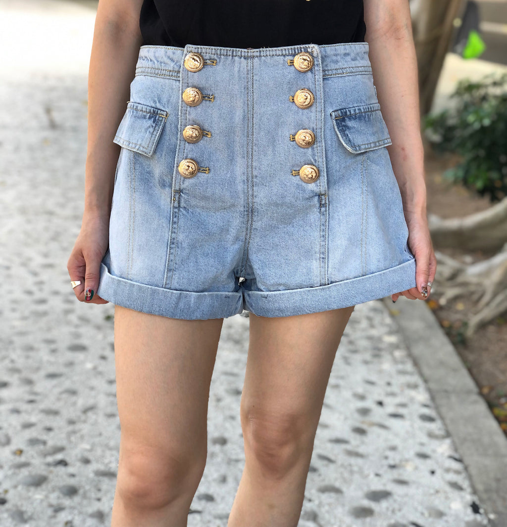 Denim Shorts with Gold Button Design