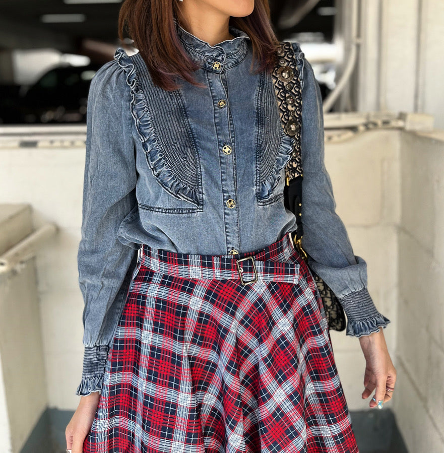 Denim Shirt with Ruffle