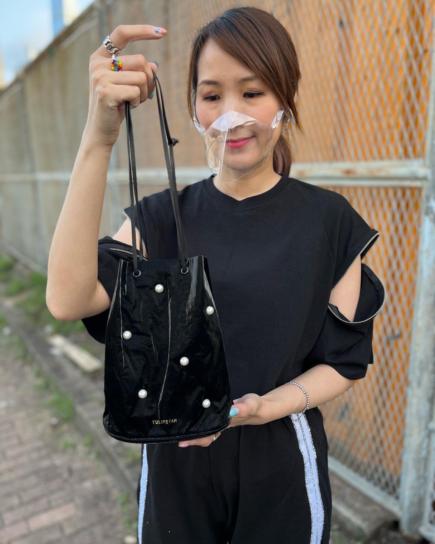 2 Ways Black / Cream Handbag with Pearls