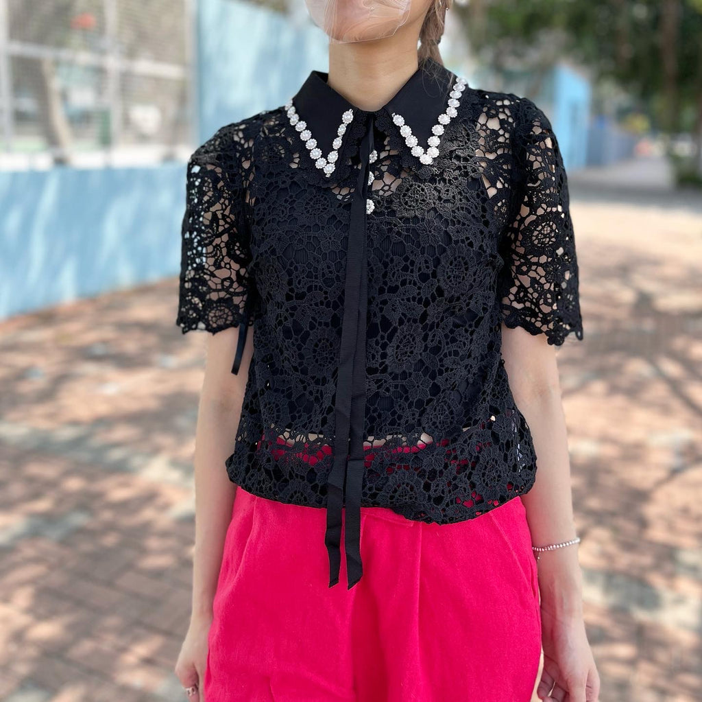 Black Lace Top with Pearl Collar