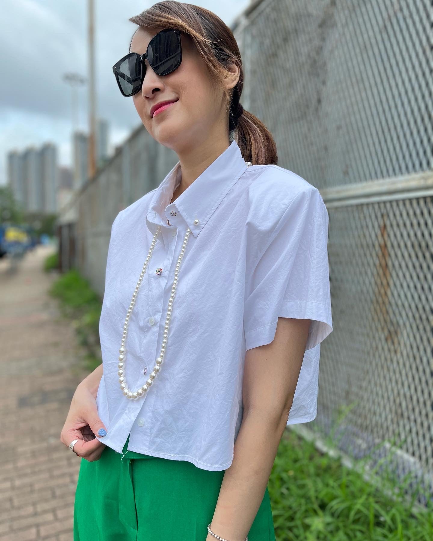 White Shirt w/ Pearl Necklace