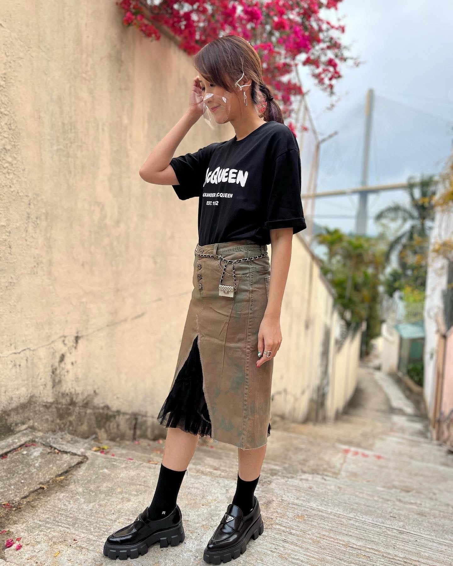 Army Washed with Ruffle Layer Skirt
