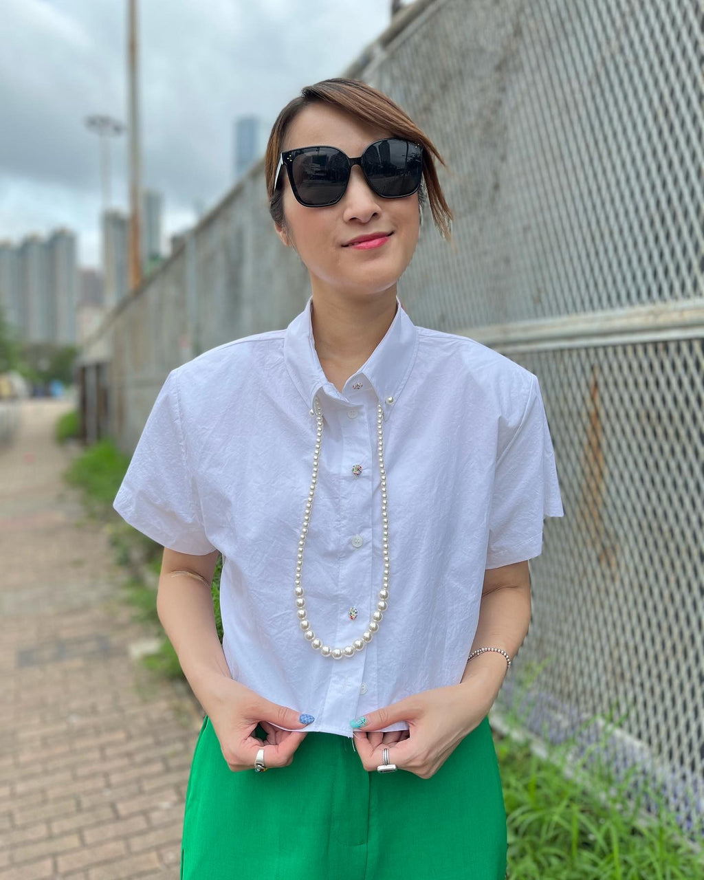 White Shirt w/ Pearl Necklace