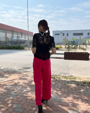 Black Lace Top with Pearl Collar