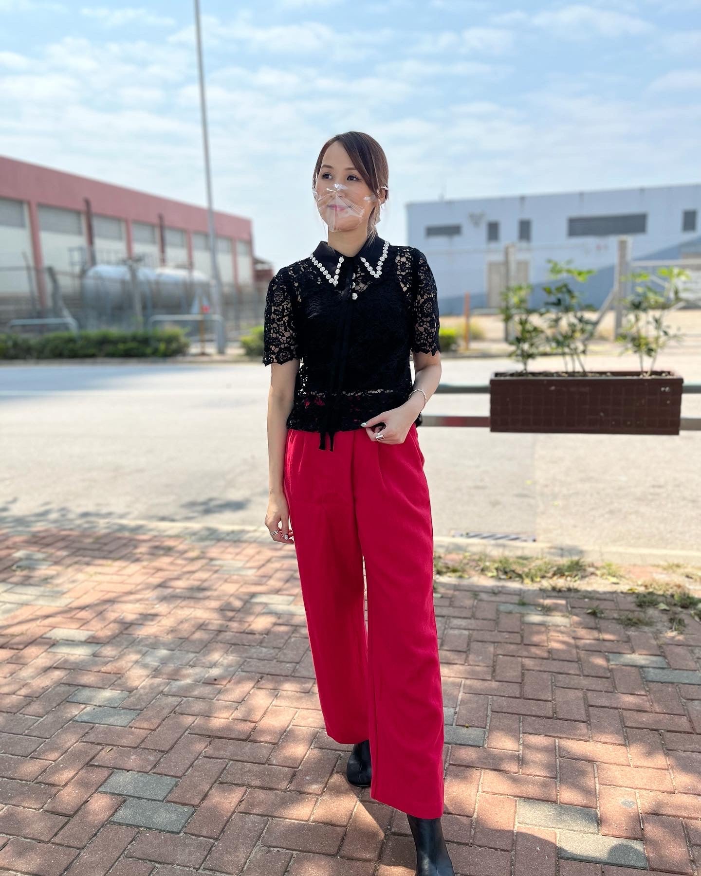 Black Lace Top with Pearl Collar